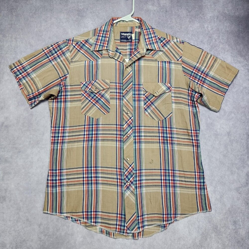 VTG Wrangler Shirt Mens 16.5‎ Tan Plaid X-Long Tails Pearl Snap Western 70s USA
